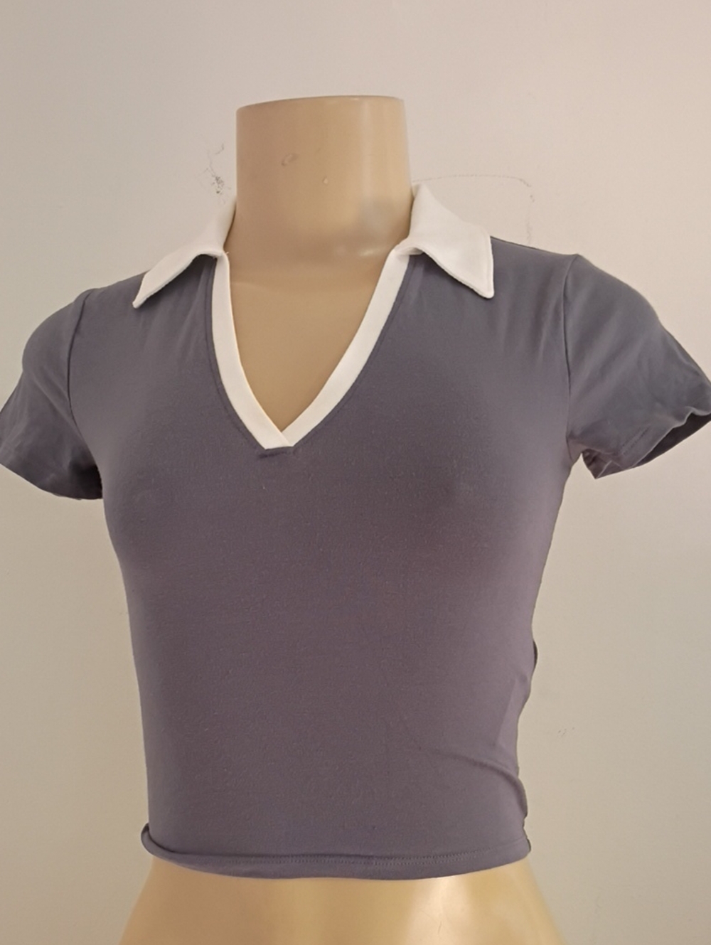 Hollister Gray Crop Polo Top with White Collar